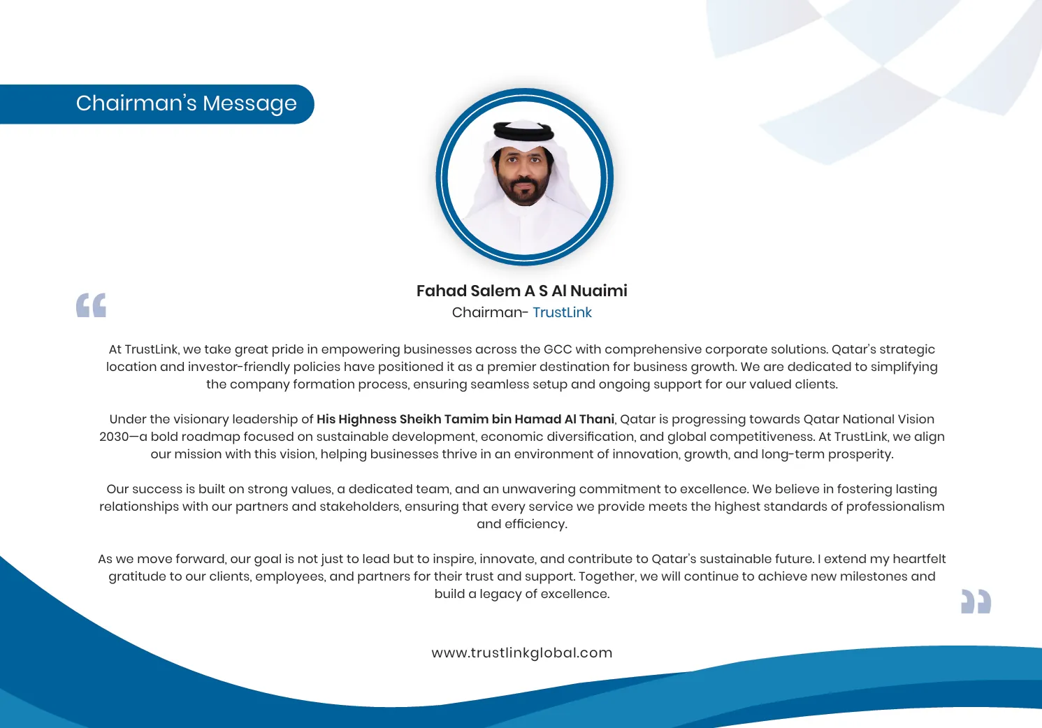 TrustLink Bahrain Chairman's Message - Fahad Salem A S Al Naimi's Vision for Business Excellence